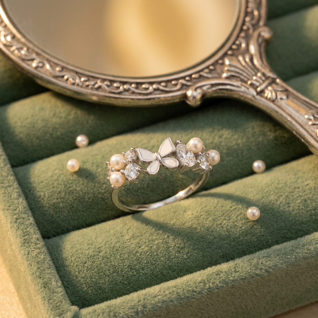 A whimsical ring stack configuration featuring a white enamel butterfly ring layered with sparkly diamond eternity bands.