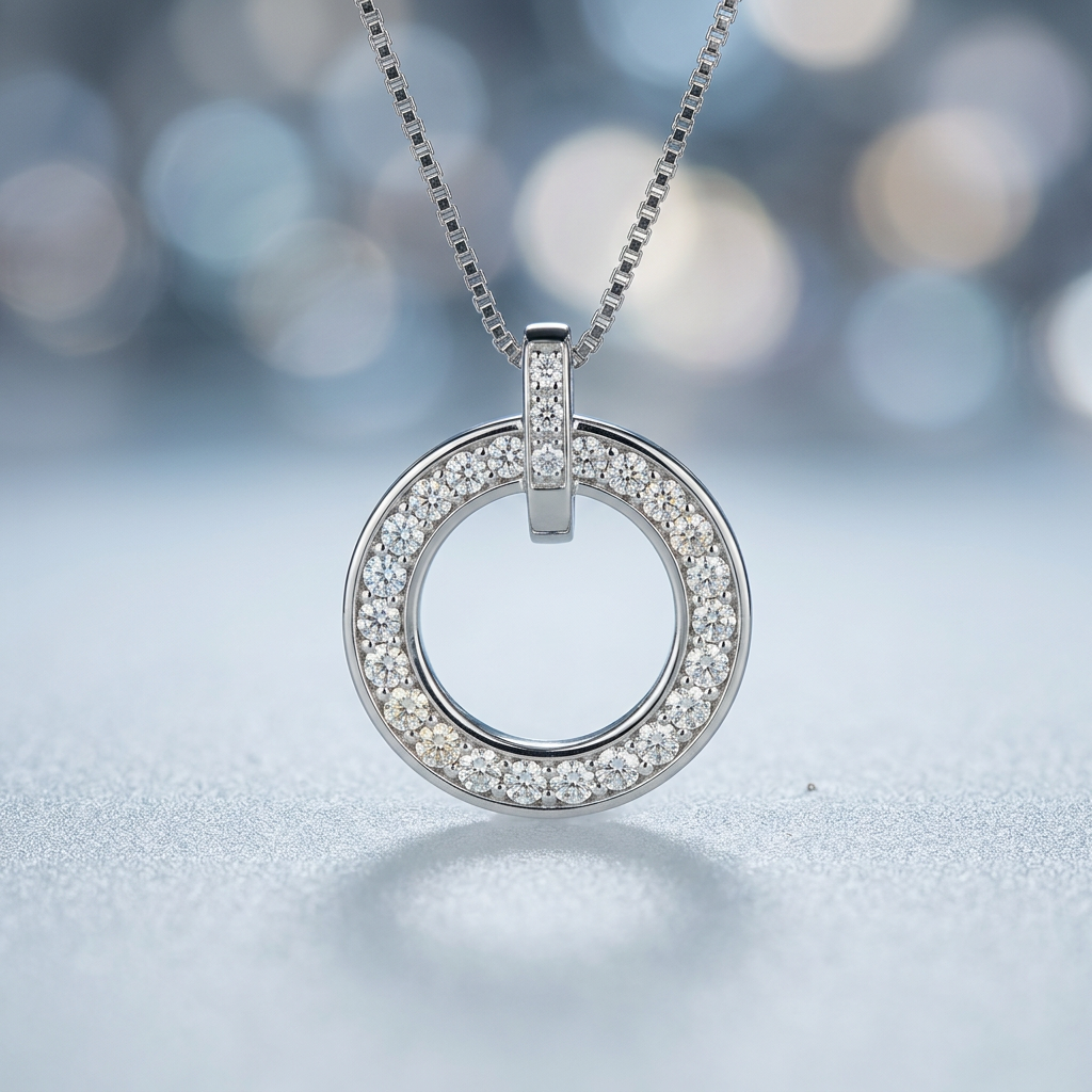 A modern white gold ring pendant necklace embellished with an architectural pavé halo of faceted crystals.