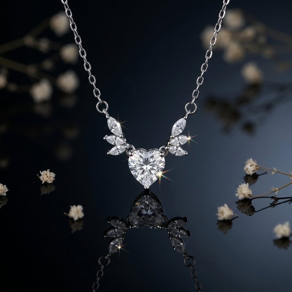 sterling silver necklace for women with symmetrical marquise diamond clusters creating a winged effect.