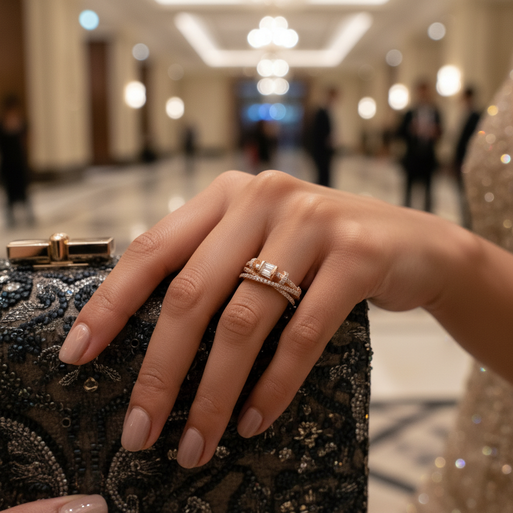 A high-resolution view highlighting the architectural dimension of a multi-layered ring, displaying intersecting lines of sparkling pavé lab grown diamonds framing a prominent step cut centerpiece.