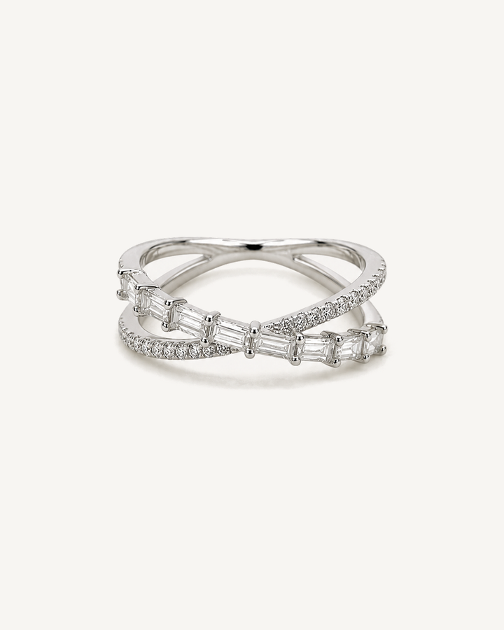 Baguette Crossover Ring product image on Oyster Silk background