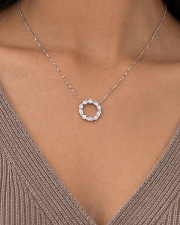 Baguette Wreath Necklace — farther worn studio photograph