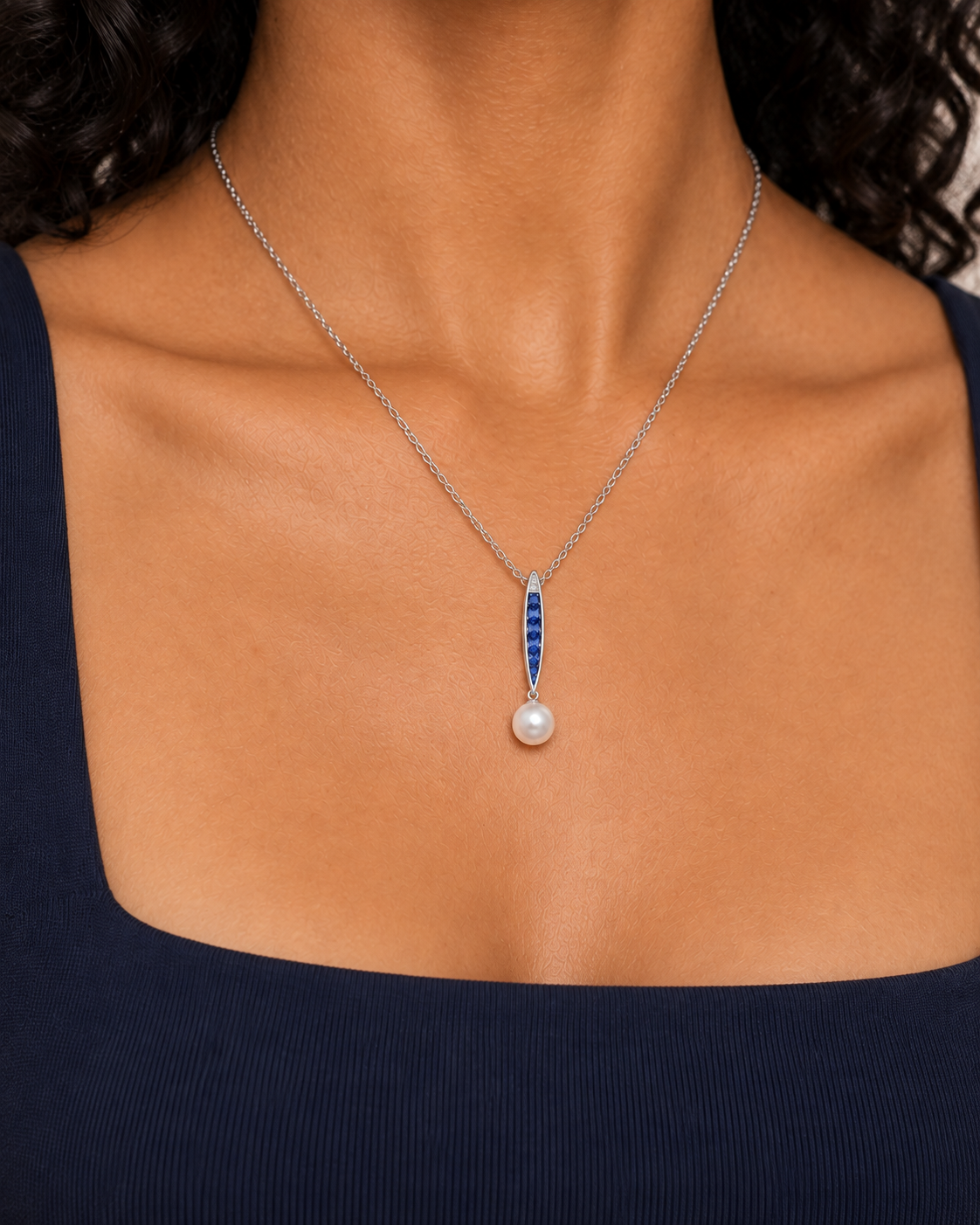 Blue-Bar Drop Necklace, farther worn view