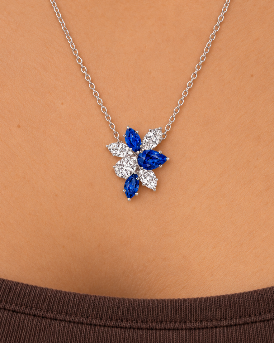 Blue Floral Necklace, close worn view