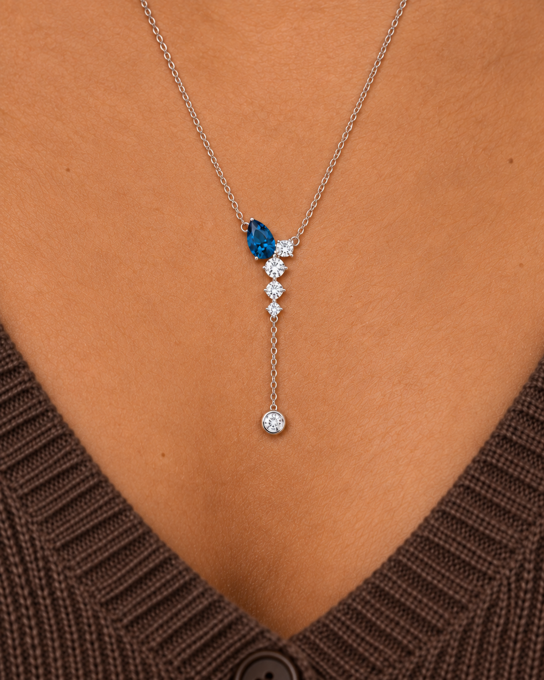 Blue Lariat Necklace, close worn view