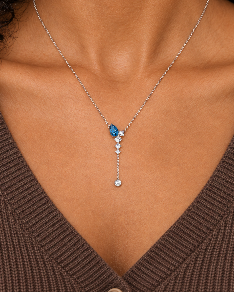 Blue Lariat Necklace, farther worn view
