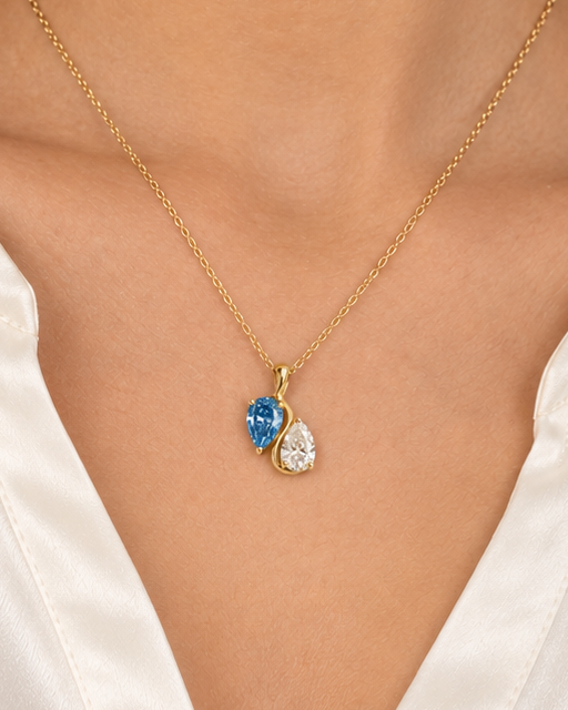 Blue Pear Necklace — farther worn studio photograph