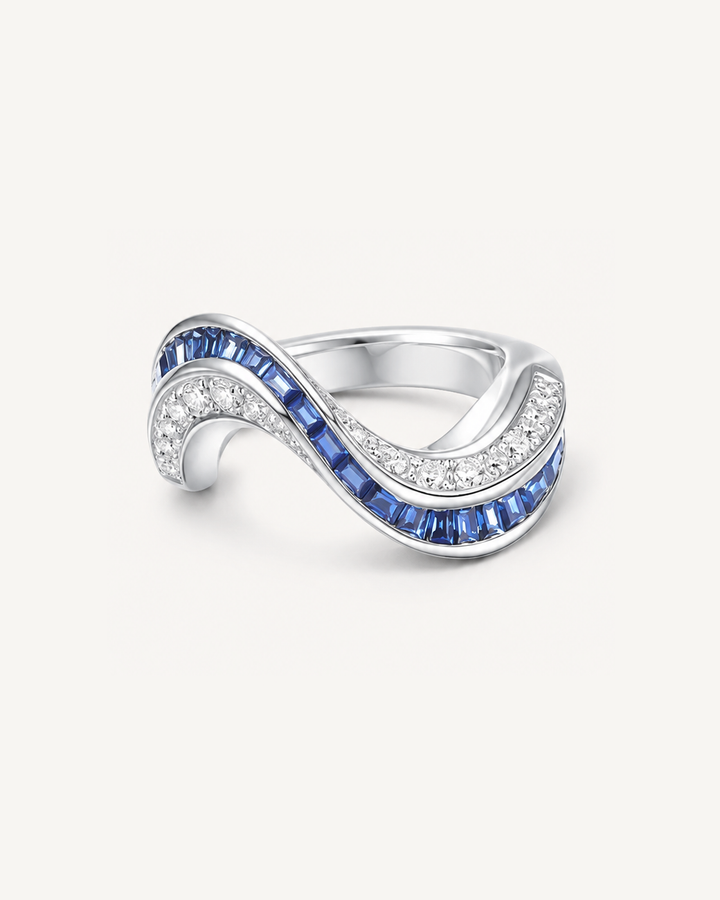 Blue Wave Ring in Silver, low three-quarter pose on Oyster Silk background