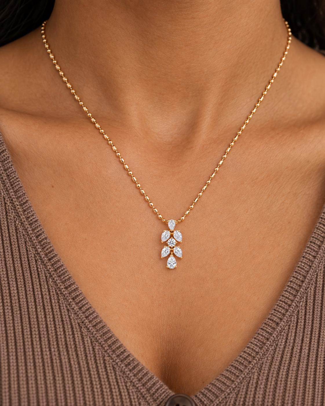 Bow Leaf Necklace — close worn studio photograph