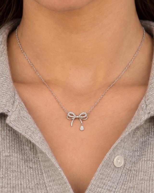 Bow Tassel Necklace, close worn view
