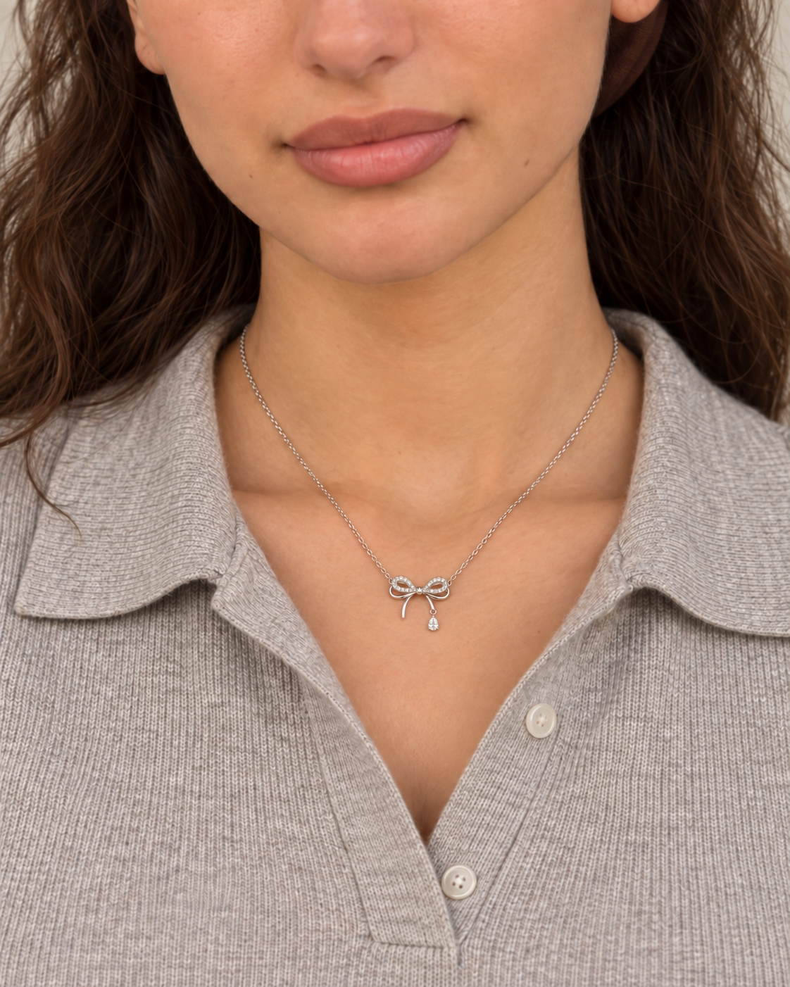 Bow Tassel Necklace, farther worn view