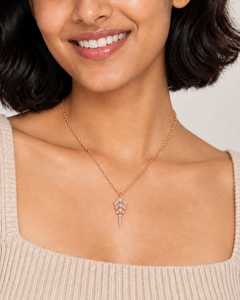 Chevron Drop Necklace, farther worn view