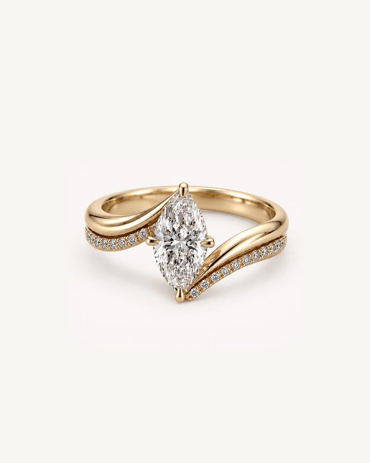Chevron Marquise Ring in yellow gold on Oyster Silk background