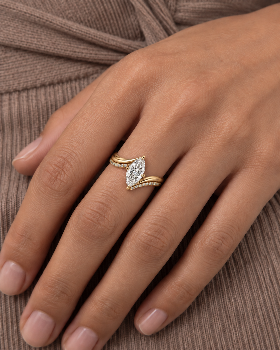 Chevron Marquise Ring, close worn view