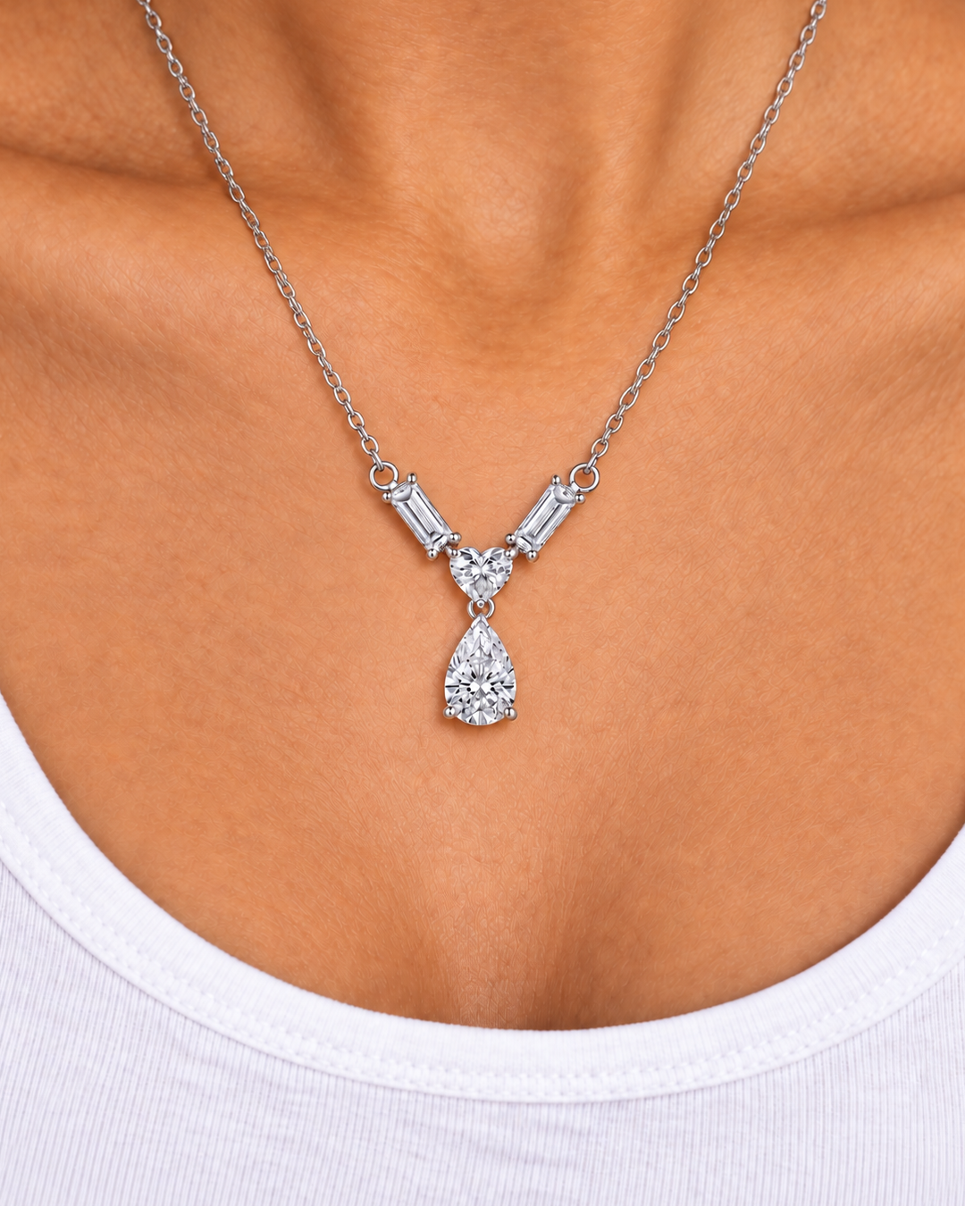 Chevron Pear Necklace — close worn studio photograph