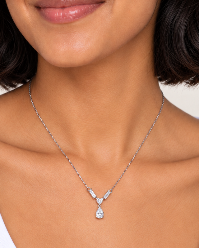 Chevron Pear Necklace — farther worn studio photograph
