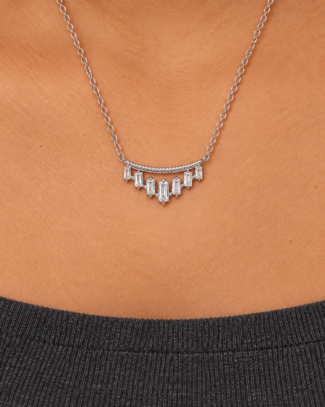 Curved Baguette Necklace, close worn view