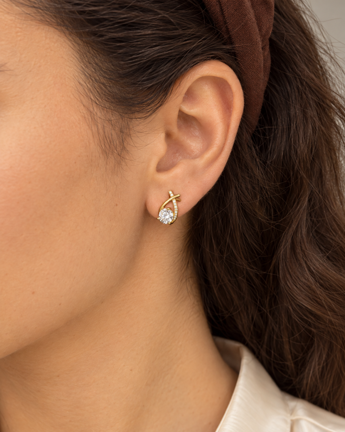 Curved Solitaire Studs, farther worn view