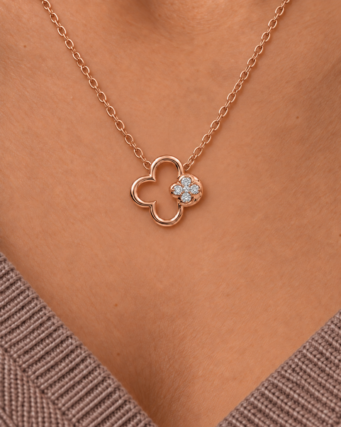 Double Clover Necklace — close worn studio photograph
