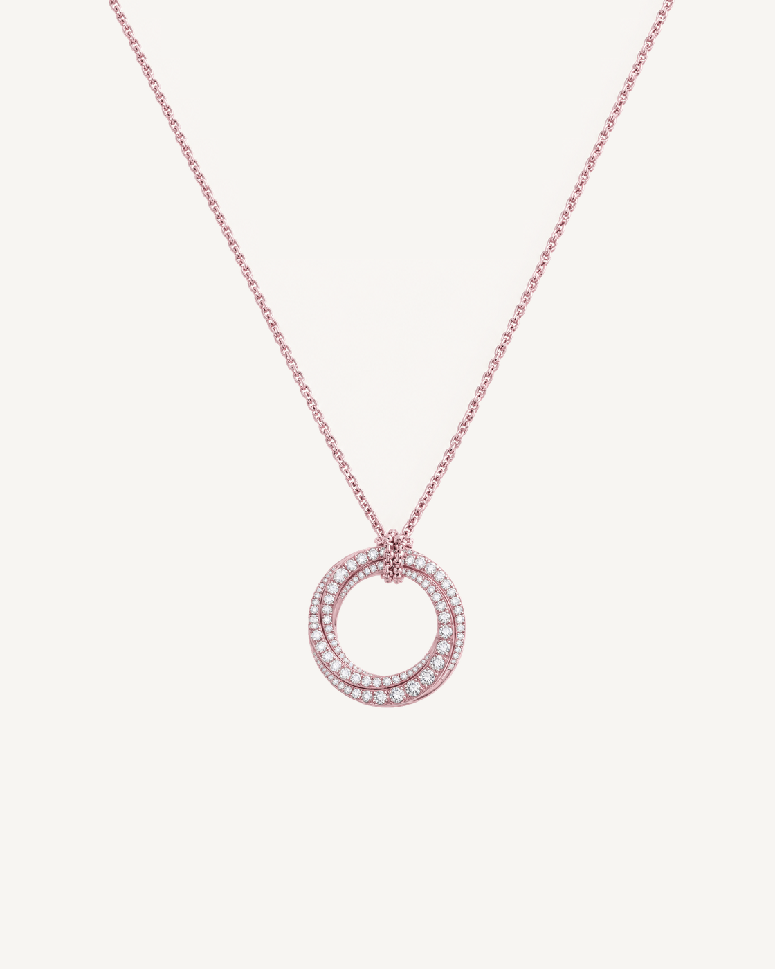 Double Halo Necklace in rose gold on Oyster Silk