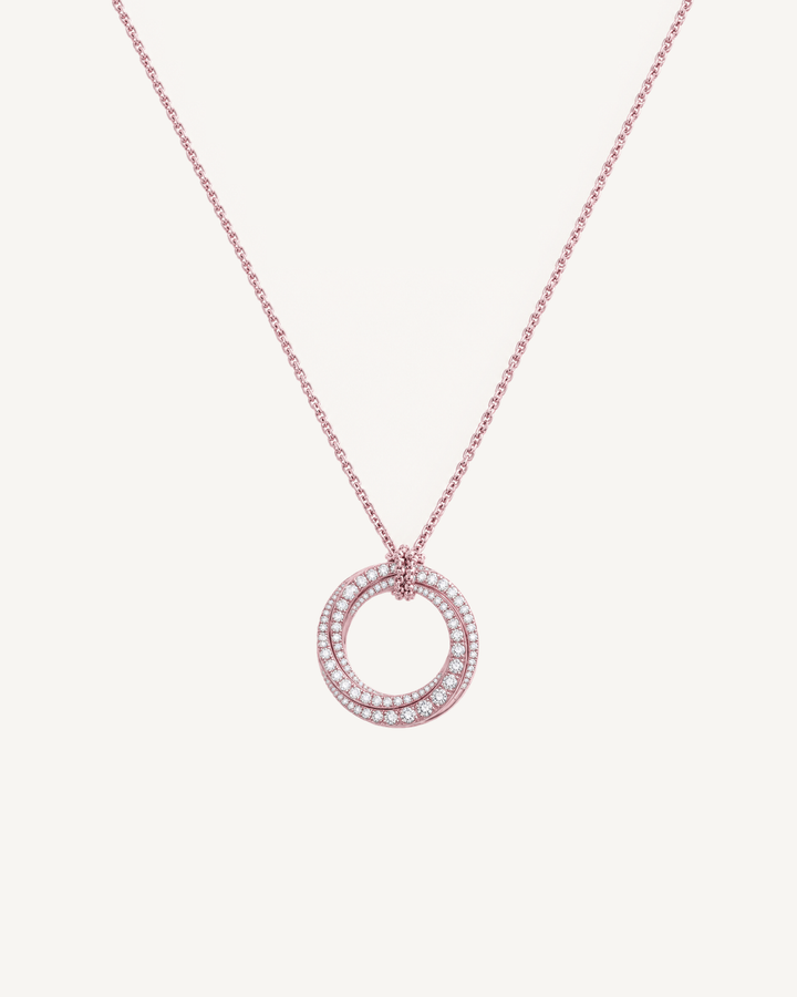 Double Halo Necklace in rose gold on Oyster Silk