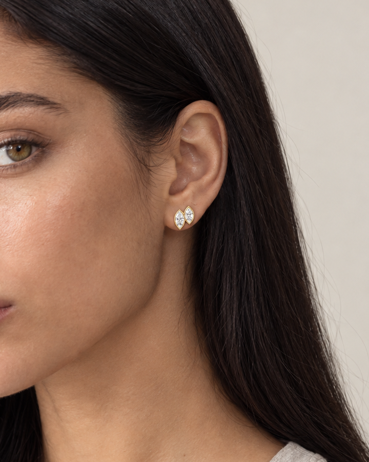 Double Marquise Studs, farther worn view