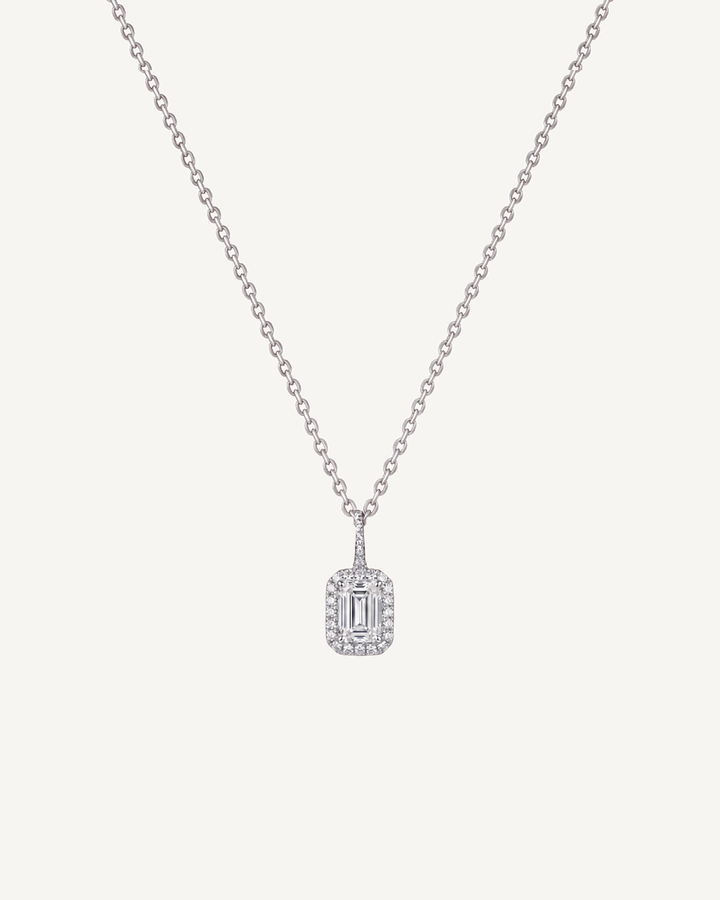 Emerald-Cut Halo Necklace product image on Oyster Silk background
