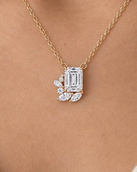 Emerald-Cut Leaf Necklace — close worn studio photograph
