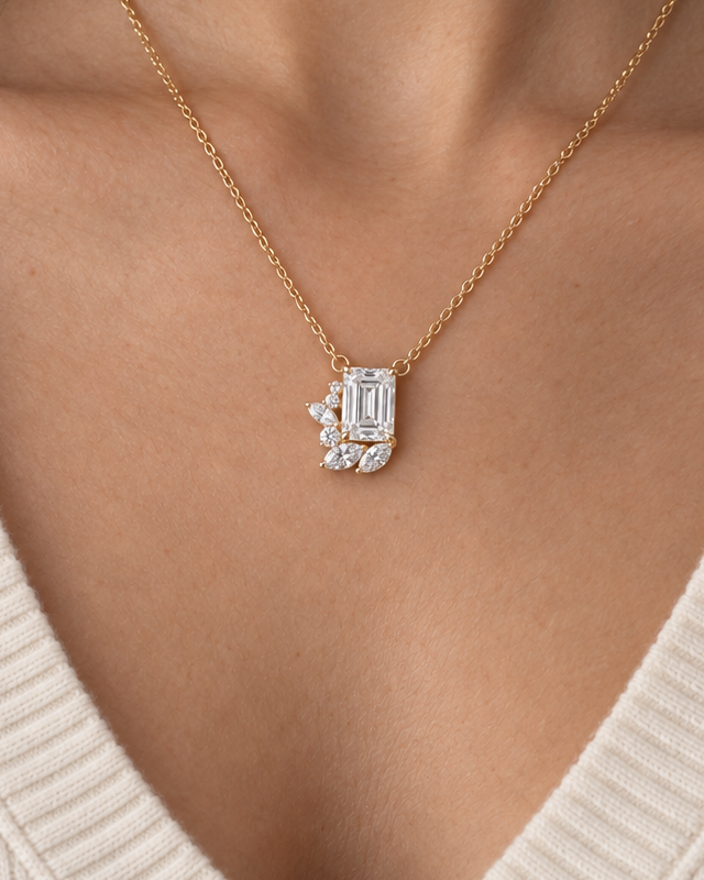 Emerald-Cut Leaf Necklace — farther worn studio photograph