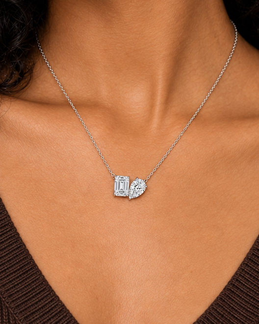 Emerald Pear Necklace — farther worn studio photograph