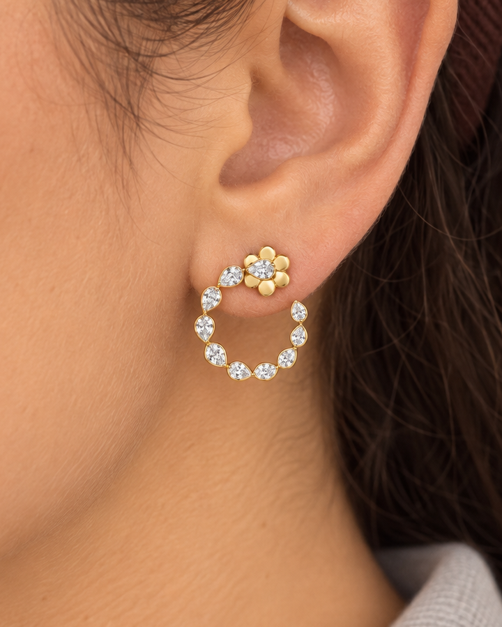 Floral Marquise Hoops, close worn view