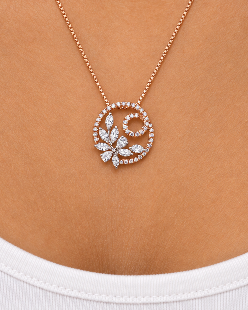 Floral Spiral Necklace, close worn view