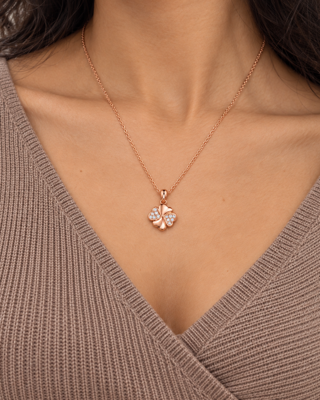 Folded Clover Necklace, farther worn view
