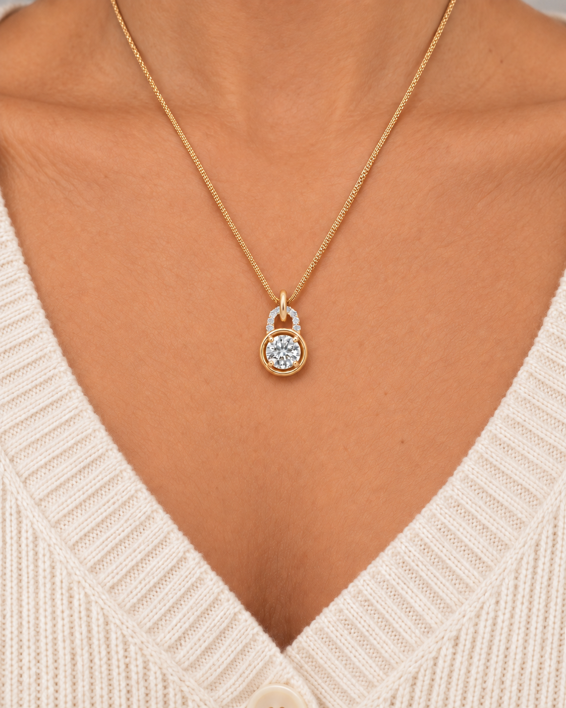 Framed Solitaire Necklace, close worn view
