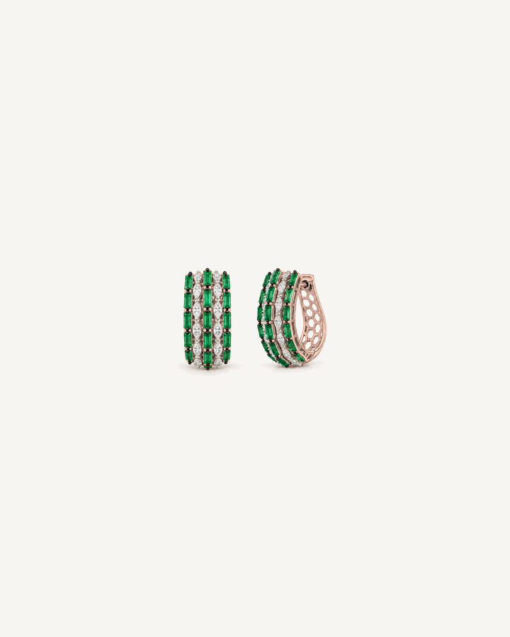 Green Baguette Hoops in Rose Gold, left hoop front-facing and right hoop angled, with three green stone columns alternating with two white diamond columns.