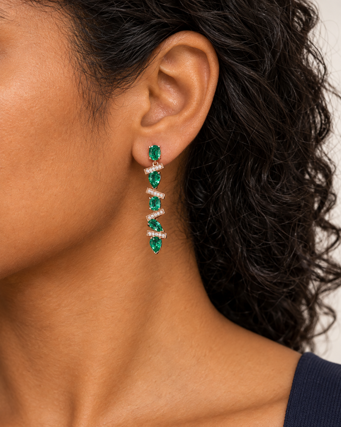 Green Bar Drop Earrings, farther worn view