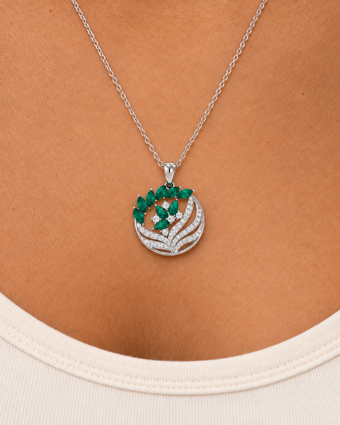 Green Medallion Necklace, close worn view
