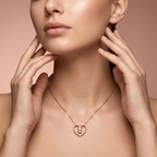 Front view of a brilliant heart-shaped diamond heart and ring pendant on a delicate rose gold chain necklace.