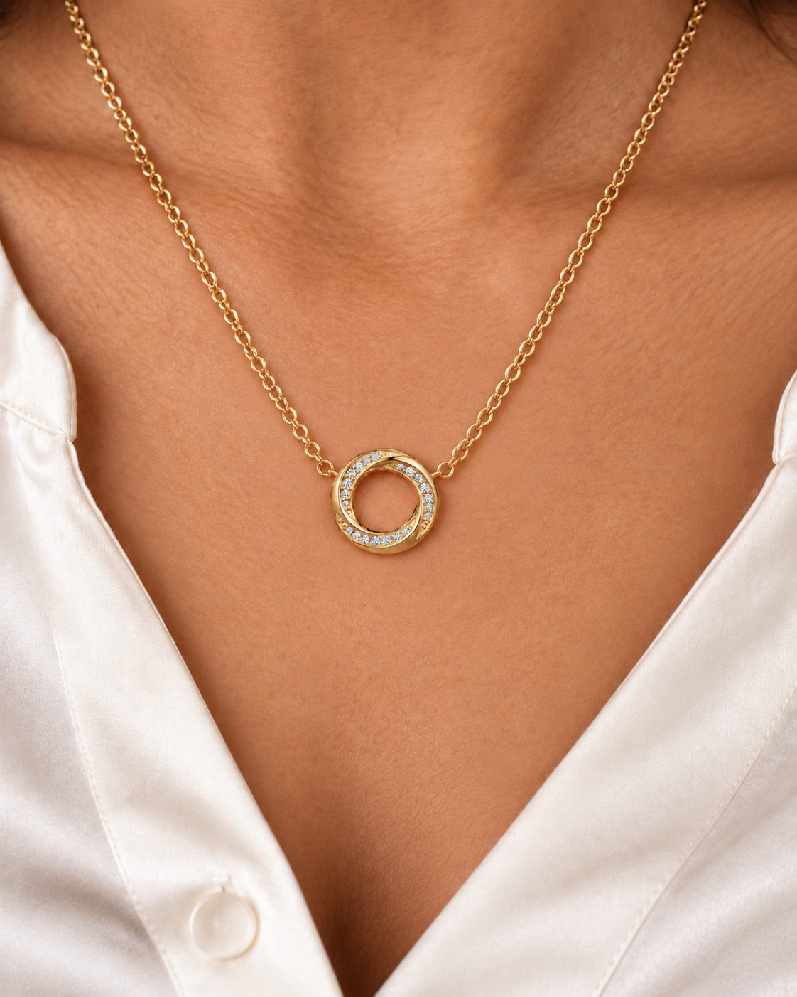 Interlocking Circle Necklace — close worn studio photograph