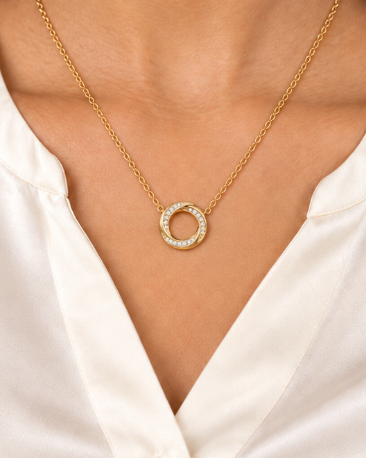 Interlocking Circle Necklace — farther worn studio photograph