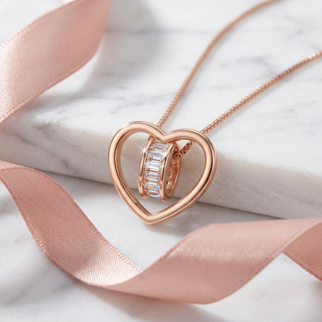 Luxury Lab Grown Diamond Eternity Ring in rose Gold Heart Chain