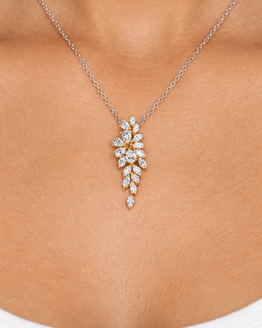 Leaf Cascade Necklace — farther worn studio photograph