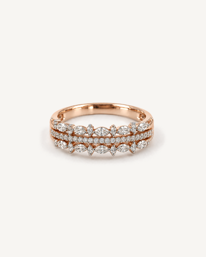 Leaf Stack Ring in rose gold with mirrored marquise leaf rows around a central diamond line