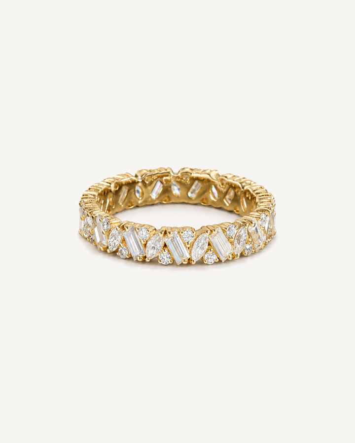 Mixed-Cut Band Ring in yellow gold with baguette, marquise and round diamonds on Oyster Silk.
