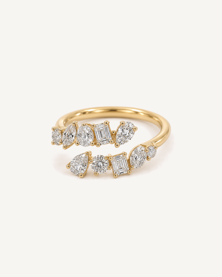 Mixed-Cut Bypass Ring in Yellow Gold with a rounded band