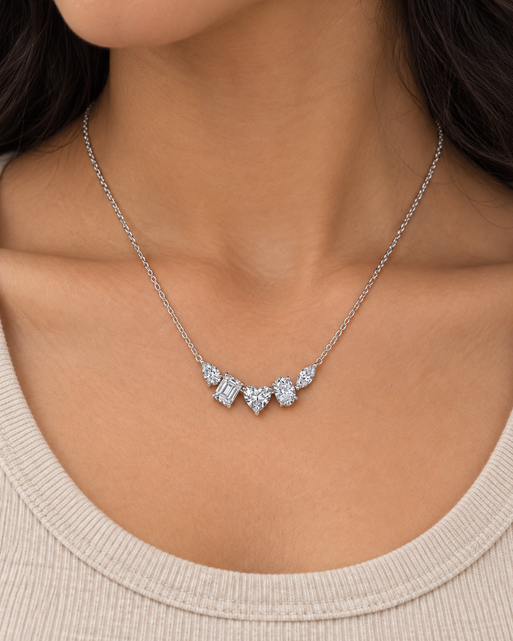 Mixed-Cut Garland Necklace, close worn view