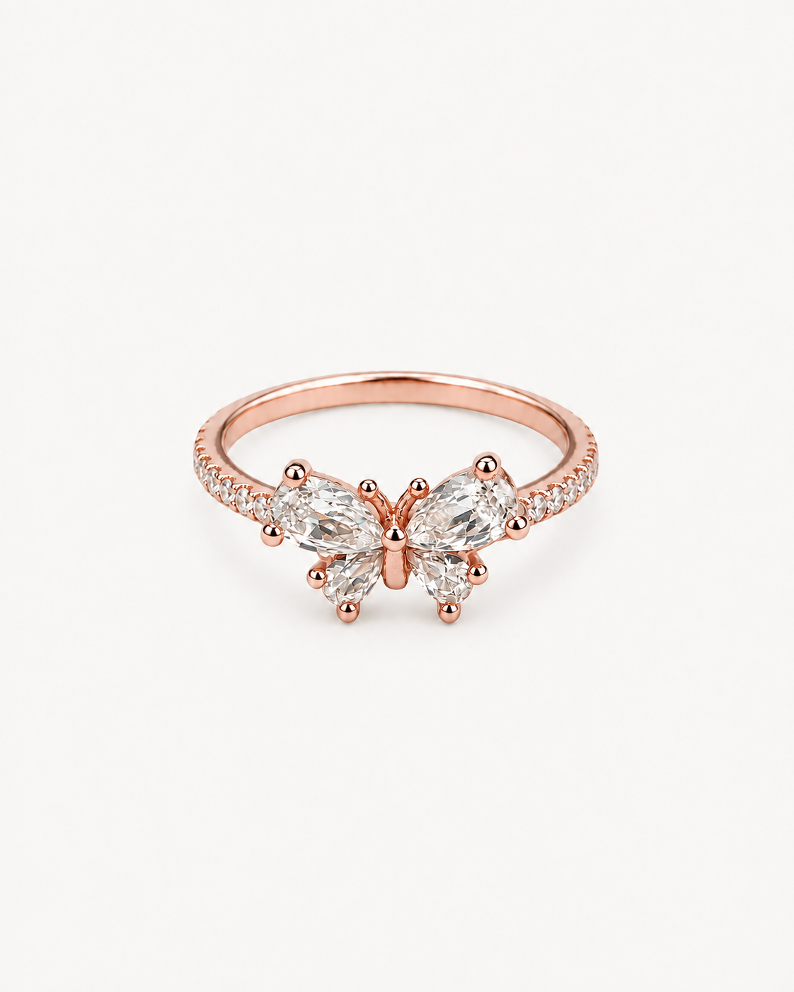 Nocturne Cluster Ring - rose gold. Four pear-shaped butterfly wings and pavé shoulders.
