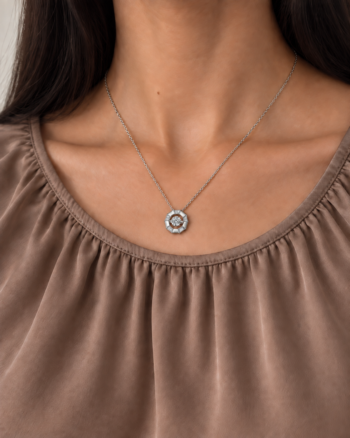 Open Halo Necklace, farther worn view
