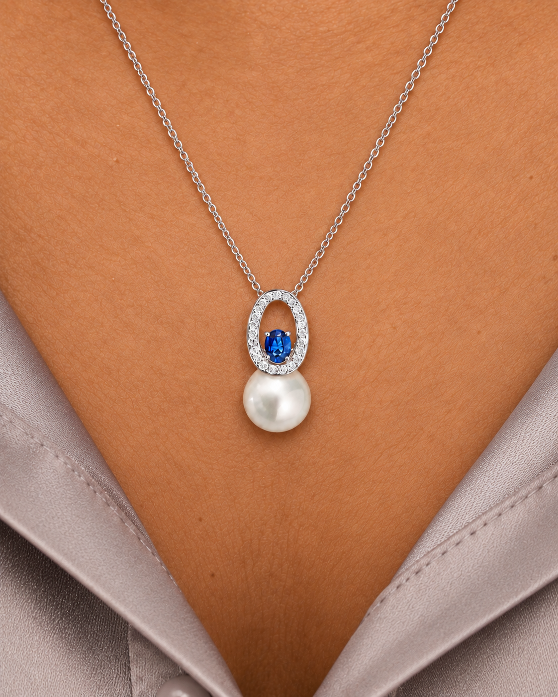 Oval Drop Necklace, close worn view