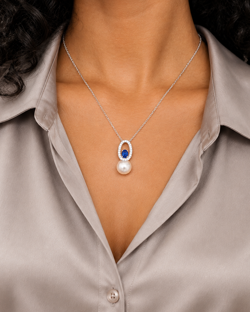 Oval Drop Necklace, farther worn view